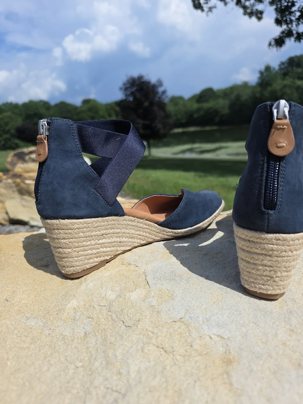 Kenneth Cole Navy Suede Espadrille Wedge with Ankle Wrap Size 7 Zip Back